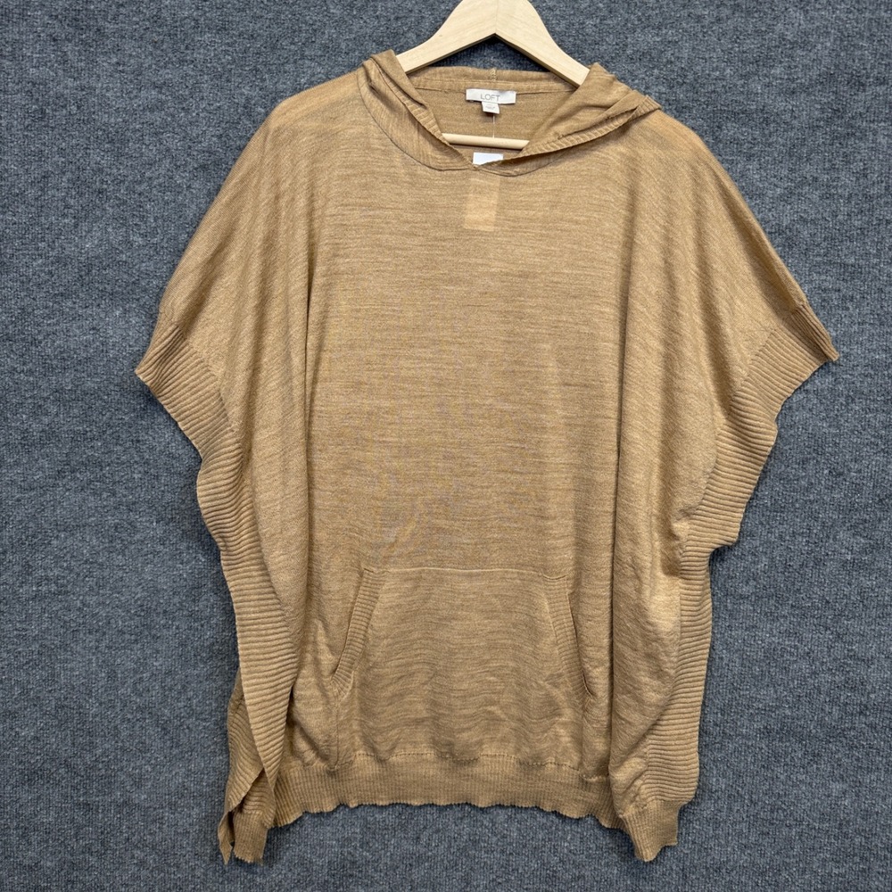 Loft Sz M/L Poncho Sweater Hoodie Knit Wrap Top Cream Wool Nylon Blend Lagenlook